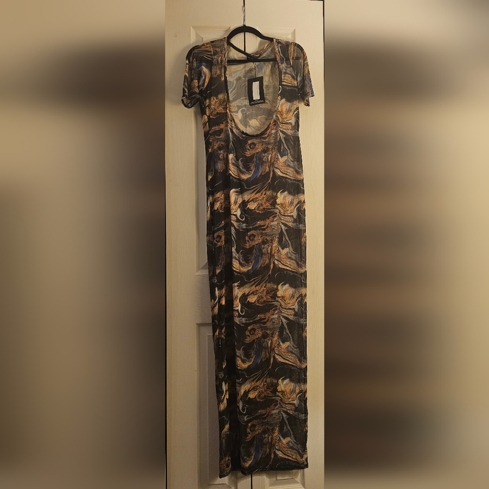 Pretty Little Thing Black Acid Print Short Sleeve Scoop Mesh Maxi Beach Dress